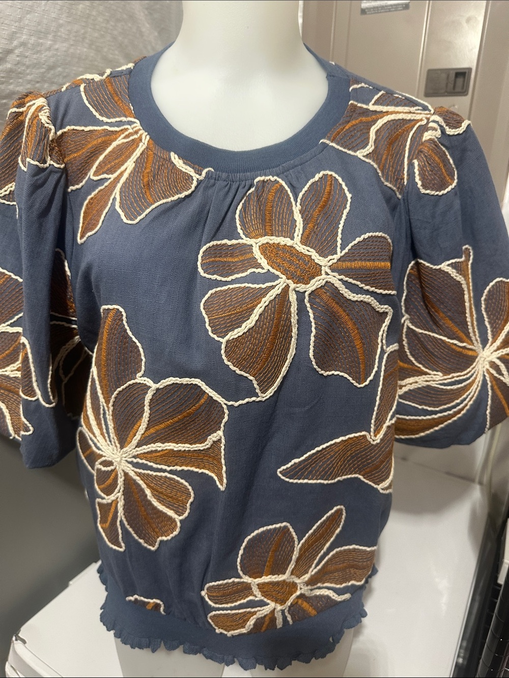 Embroidered Navy Blue Floral Puff Sleeve Blouse